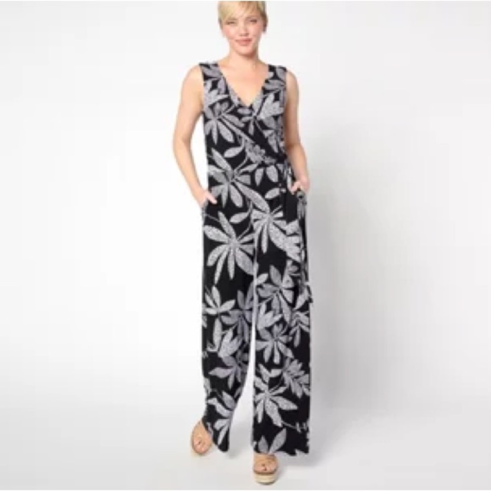 Dennis Basso Black White Leaf‎ Print Sleeveless Jumpsuit Wrap M